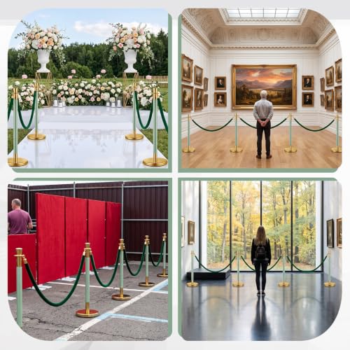 Wesiti 2 Pcs Gold Green Stainless Steel Stanchion Post Queue with Crown Top 5 ft and Velvet Rope and Poles Crowd Control Barriers Sand Injection Hollow Base and Velvet Ropes Set - color: Gold,Green