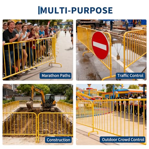 Garvee Interlocking Steel Barricade, 8.5 Ft. Heavy Duty Galvanized Metal Barricade, Interlocking Steel Road Barriers with with Bridge Feet Base, for Crowd Control Event Fencing Indoor/Outdoor, Yellow | Heavy Duty Galvanized Metal Barricade with with Bridg
