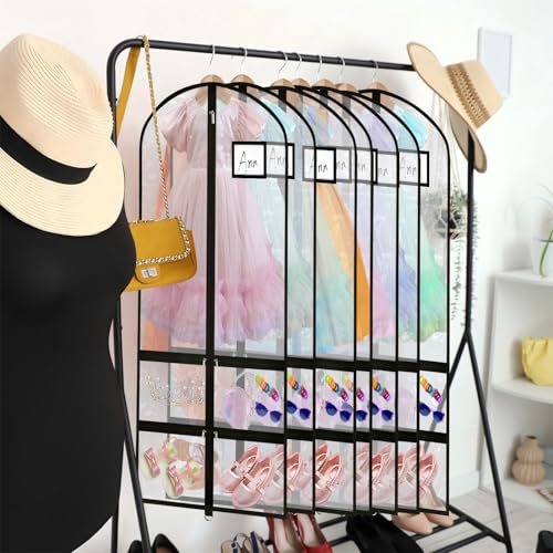 6 Pcs 24'' x 50'' Clear PVC Garment Bag Dance Costume Competition Bag with Rack Zippers Pockets Hanging Garment Covers Costume Organizer Costume Carrier for Adults Kids(Transparent Black) - color: Transparent Black
