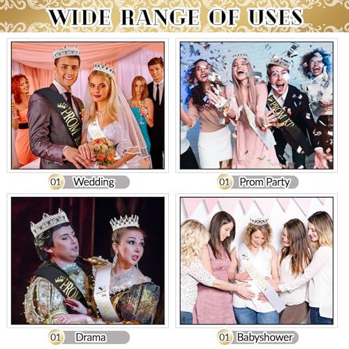 Juexica 4 Pcs Prom King Queen Crowns Gold, M, Black Diamond | Gold Tiaras with AB Diamond Stones, Sashes Included, Royalty Crowns for Homecoming Birthday Halloween Wedding Party Costume - color: Black Diamond
