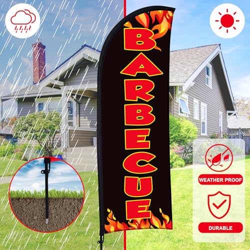 Buryeah 2 Sets Barbecue BBQ Open Feather Flag Kit 8 ft, Black | Barbecue Flag Banner with Pole Ground Stake and Portable Bag for Restaurant BBQ Sign Business Advertising Outside Ground - color: Black