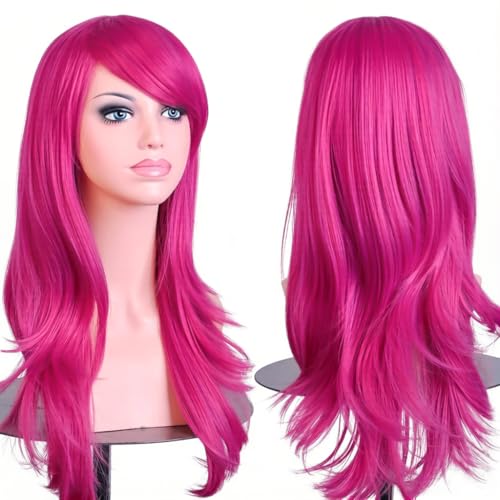 PORSMEER 70 cm/28 inches Charming Hot Pink Long Wavy Full Hair Wig Anime Cosplay Halloween Costume Party Heat Resistant Synthetic Wigs for Women - color: Hot Pink