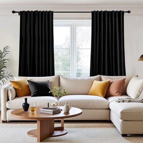 P Pothuiny Black Blackout Velvet Curtains 96 Inches Long 2 Panels - color: Black, size: 52"W x 96"L (Pack of 2)
