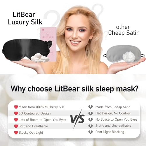 LitBear 100% 22 Momme Mulberry Silk Sleep Mask - 3D Contoured Eye Mask for Men & Women, Soft Breathable Sleeping Mask with Adjustable Strap, Perfect Blocks Light for Sleeping (Black) | Pure Silk, Eyelash-Friendly, Soft, Breathable, Perfect Blocks Light, T