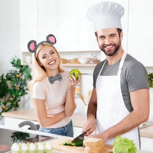 5 Pcs Mouse Costume Set for Couple,Cartoon Chef Costume Accessories with Apron, Hat, Bow Tie, Mouse Headband and Tail for Women Men Cosplay Halloween