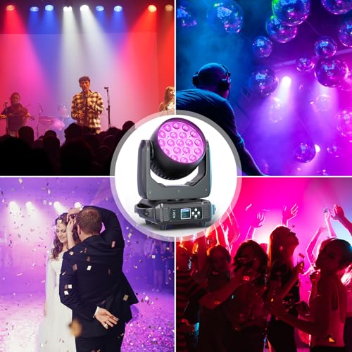 Moving Head Lights 19x15W RGBW 4-in-1 LED Stage Light with Zoom Beam Wash Effect by Sound Activated Auto DMX Control for Wedding DJ Disco Parties Nightclub Show Bar (4 Packs)