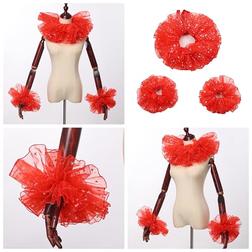 Renaissance Victorian Ruffle Collar and Wrist Cuffs Set Organza Colonial Clown Choker Neck Collar Cuff - color: Red