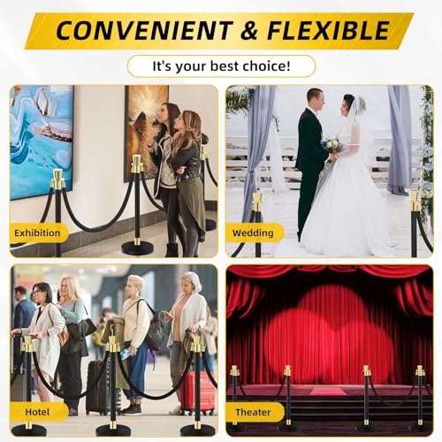 Black Stainless Steel Stanchions Rope - Crowd Control Barriers with Red Carpet Safety Barrier, Velvet Ropes and Posts & Retractable Belts for Party Theater Weddings, Museums - 2 Pcs - color: Black, size: 2Pcs