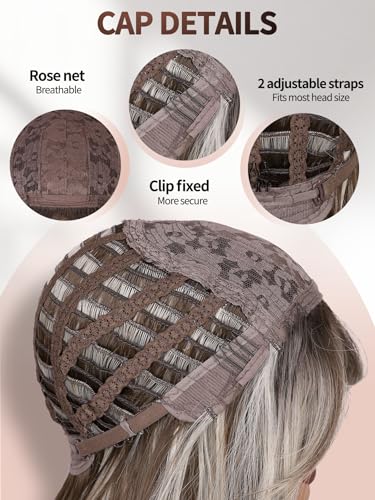WIGER Long Brown Mixed Blonde Curly Wig With Bangs, Ombre Brown Highlight Blonde Synthetic Wigs, Layered Romantic Wavy Hair for Women Daily Party Use - color: Brown Mixed Blonde