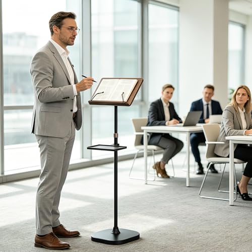 REDCAMP Portable Podium Stand with Storage Tray, Brown | Adjustable Height Mobile Lectern Steady Standing Design, Perfect for Teachers, Musicians, Home Offices & Churches, Chestnut - color: Chestnut Brown