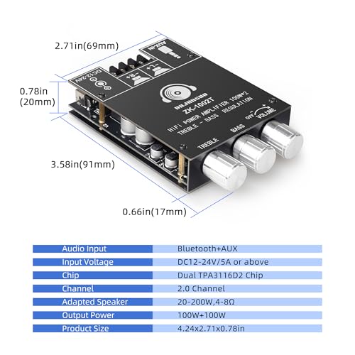 ZK-1002T 100W+100W Amplifier Board with Treble and Bass Control, DC 9-24V, BT and AUX Inputs, 2.0 Channel Stereo AMP Board for DIY Wireless Speakers - color: DAJUNGUO ZK-1002T