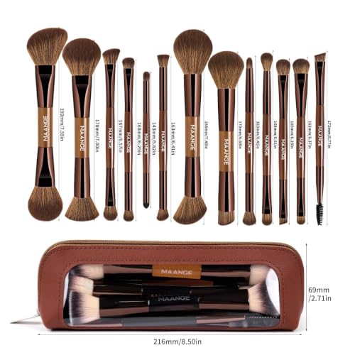 MAANGE 13 Pcs Foundation Makeup Brush Set With Bag, Make up Brushes, Double-End Multi Functional Makeup Brushes, Professional Face Brush Set Tools For Liquid Powder Concealer Cream Blush (Brown) - color: Brown