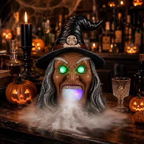 Wicked Witch Head Halloween Statue with Mist Maker, Add Water Smoking Prop with LED Green Eyes, Hand-Painted Faux Marble Resin Spooky Entryway Centerpiece - color: Witch Fog Light Decor