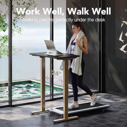 HUANUO 32" Small Electric Standing Desk Adjustable Height, 4 Memory Height Settings, Sit Stand Up Desk for Home Office & Computer Workstation, Black and Gold Frame | 176 Lbs Capacity, Rounded Corners, Wheel-Ready Feet, Compact Desktop, Apartment Workspace