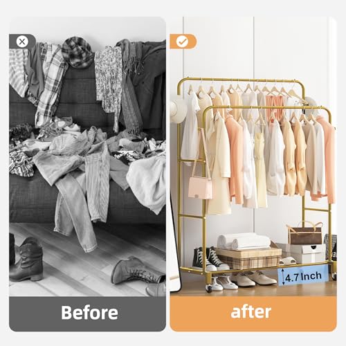 Sooyee Double Rod Clothing Rack with Wheels,3 Tier Garment Racks for Hanging Clothes,Portable Clothes Rack with 4 Hooks for Bedroom,Laundry Room,Gold - color: Gold