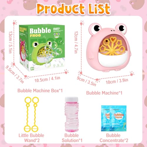 Frog Bubble Machine Toys for Kids 3-8, Outdoor Party Birthday Gift | Bubble Blower Maker with 2 Solutions, Gift for 3 4 5 6 7 8 Year Old Girls Boys - color: Pink