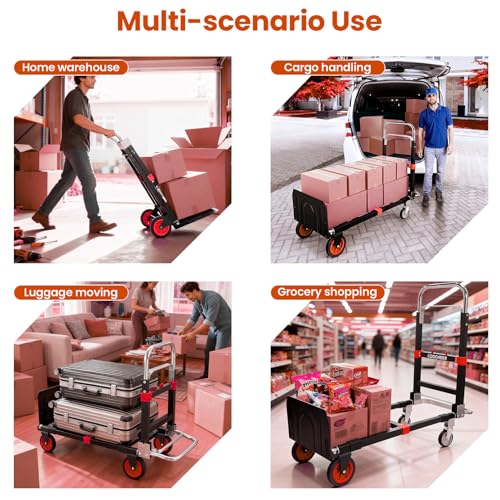 3-in-1 Folding Hand Truck, 600lb Convertible 4 to 2 Wheel Dolly Cart Red - color: Red-1