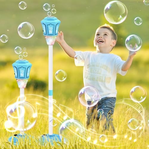 Bubble Machine,Automatic Standing Bubble Maker Machine with Light/Music/Remote,47 Inch Adjustable Height Outdoor Toys for Toddlers Party Birthday, Wedding,Gifts Blue - color: Blue