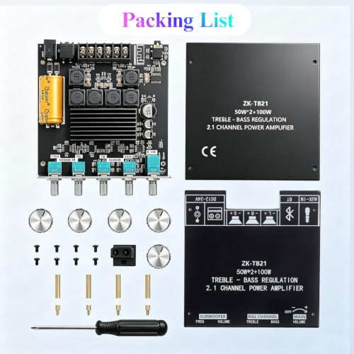 ZK-TB21 Bluetooth Amplifier Board, 2.1 Channel 50W×2 + 100W Subwoofer | Class D Audio Amp Module with Dual TPA3116D2 HiFi Chips, Treble & Bass Control, AUX Input, DC 12-24V for DIY Speakers - color: ZK-TB21