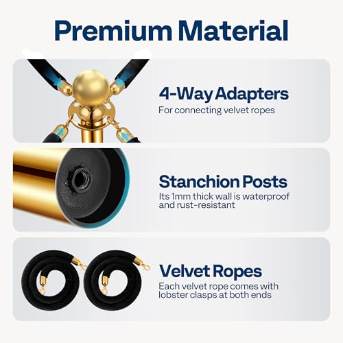 VIVOHOME Black Stanchions and Velvet Ropes, 5 Feet Ropes and 39 Inch Posts | 6PCS Iron Post with Water-Fillable Leakproof Base, Easy Tool-Free Assembly, Red Carpet Poles for Wedding, Prom & VIP Events - color: Black and Golden