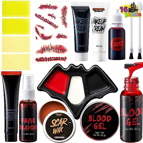 Spooktacular Creations 16 Pcs Halloween Family Makeup Kit Face Body Paint with Liquid Blood Gel, Fake Blood and More Easy On Makeup Set for Zombie Costume Cosplay Halloween Party Supplies