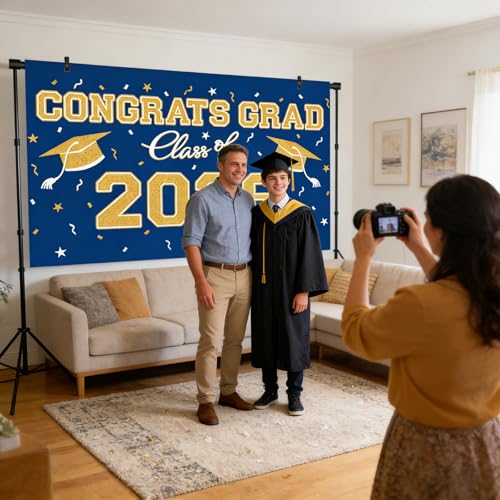 Blue Gold Graduation Backdrop 39x59 Inches, Class of 2026 Photo Booth Background for Commencement Party Decor - style: Blue Gold Backdrop
