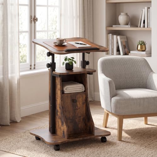 DREAMADE Rolling Podium Stand Height Adjustable Lectern with Storage (Rustic Brown + Black) | Mobile laptop cart lockable wheels, adjustable desktop angle, cabinet shelf storage, for classroom office church presentation - color: Rustic Brown + Black