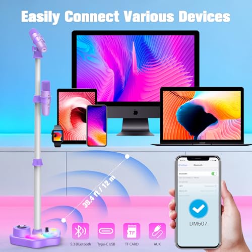 Stand Karaoke Machine for Kids, Singing Toys Gifts for 3 4 5 6 7 8 Year Old Girls Boys, Rechargeable Kid Microphone Bluetooth Speaker with 2 Wireless Mic for Girl Age 4-6 Toddler Birthday Party Toy - color: Purple