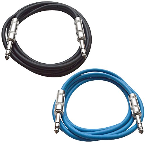 Seismic Audio Speakers TRS Male ¼” to TRS Male ¼” Patch Cable, 6 Foot Balanced Cord, Pack of 2, Black and Blue - color: Black and Blue