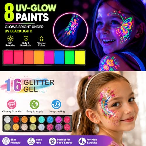 42 Colors Face Painting Kit for Kids -Water Activated Face paint palette | Face Painting Kit with 18 Matte, 16 Glitter and 8 UV-reactive Colors, Brushes, Stencils and Gems for Halloween and Cosplay
