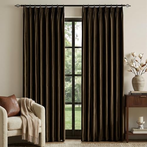 Brown Velvet Pinch Pleated Curtains: Living Room 96 Inches Long 2 Panels Set Luxury Darkening Thermal Insulated Drape with Hooks- Elegant Soundproof Noise Reducing Back Tab Window Curtain for Bedroom - color: Pinch Pleated | Brown, size: 40"W x 96"L (Pack
