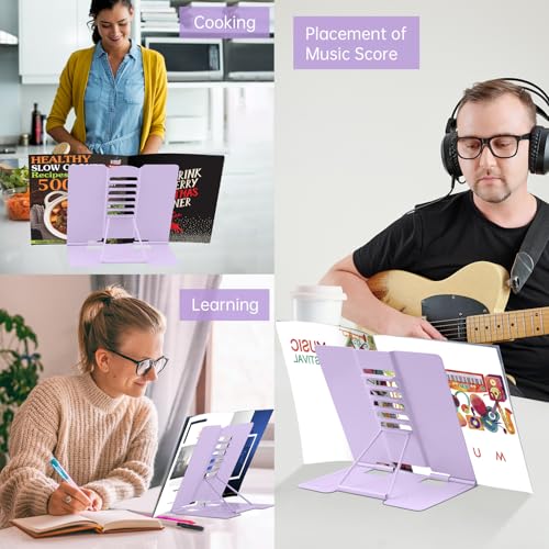 Honagu Book Stand Metal Desk Book Holder, Book Holders for Reading Hands Free, Adjustable Cookbook Documents Holder, Portable Bookstand for Music Books, Textbook, Recipe, Tablet, Ipad (Light Purple) - color: Light Purple