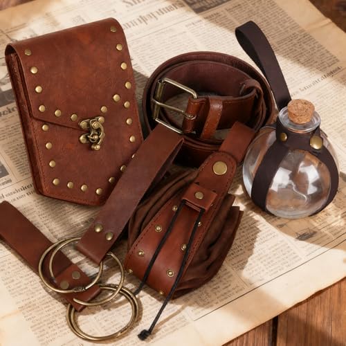 Renaissance Pirate Belt Pouch Accessories Set - Medieval Leather Belt Potion Bottles Skirt Hikes for LARP Halloween Cosplay (Brown FB) - color: Brown FB