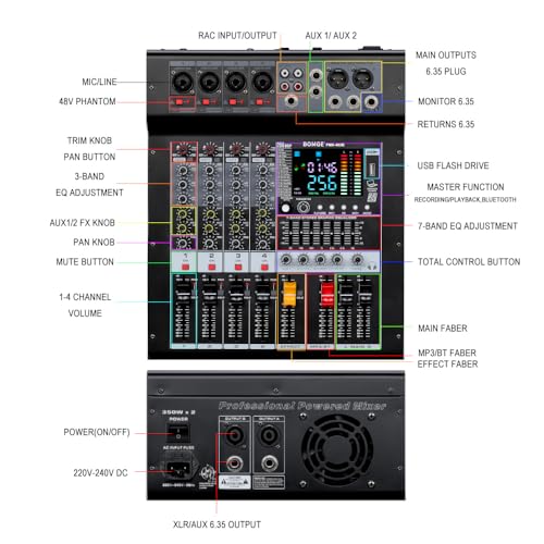 BOMGE 4-Channel Audio Interface Mixer with 256 DSP, Bluetooth 48V Phantom Power, 2x350W Amplifier (4 Ohm) for Studio Recording, DJ Mixing, Karaoke, Concert Party & Streaming