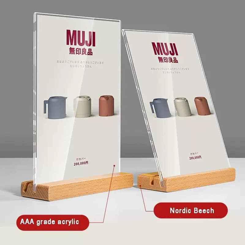 Acrylic Sign Holder (Vertical A4 210×297mm/8.27×11.69 inches | A4/A5/A6 Menu Displays, Double Sided Wood Base Table Top Sign Stand