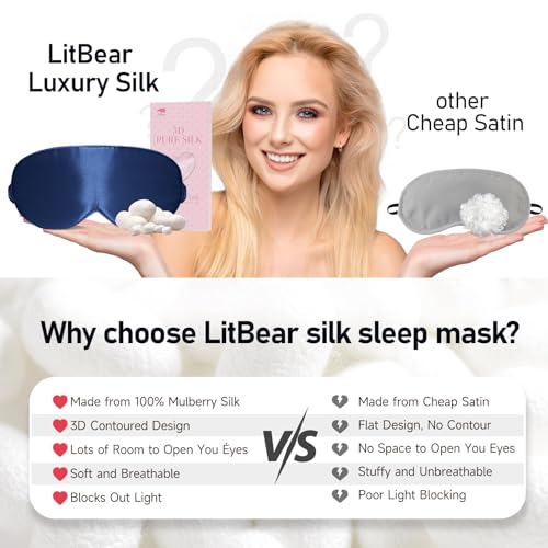 LitBear 100% 22 Momme Mulberry Silk Sleep Mask - 3D Contoured, Deep Blue | Pure Silk, Eyelash-Friendly, Soft, Breathable, Perfect Blocks Light, Tangle-Free Adjustable Strap, Travel Pouch - color: Midnight Blue