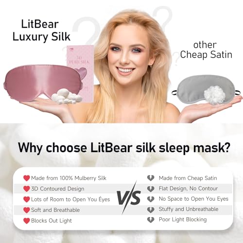 LitBear 100% 22 Momme Mulberry Silk Sleep Mask - 3D Contoured, Bean Pink | Pure Silk, Eyelash-Friendly, Soft, Breathable, Perfect Blocks Light, Tangle-Free Adjustable Strap, Travel Pouch - color: Bean Pink