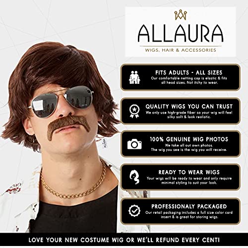 ALLAURA – Pedro Wig 60s 70s Sonny Bono Wig and Mustache Short Brown Ron Burgundy Wigs Mens Shag Hippie Fits Adults – Halloween Costumes - color: Brown