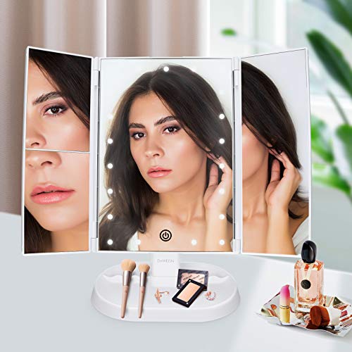deweisn Trifold Lighted Vanity Makeup Mirror with 21 LEDs Lights,1x/2x/3x Magnification and Touch Screen Dimming,Two Power Supplies Makeup Mirror, Gift for Women - color: White