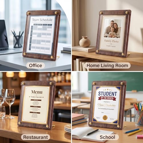 Wood Sign Holder 5 x 7 with Dual-Orientation Design, Tabletop Display | 3 Pack, Clear Acrylic Panel, Stable Metal Kickstand, Tool-Free Assembly, Indoor & Outdoor - size: 5x7, 3 Pack