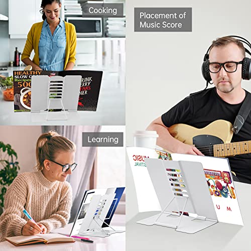 Honagu Book Stand Metal Desk Book Holder, Book Holders for Reading Hands Free, Adjustable Cookbook Documents Holder, Portable Bookstand for Music Books, Textbook, Recipe, Tablet, Ipad (White) - color: White