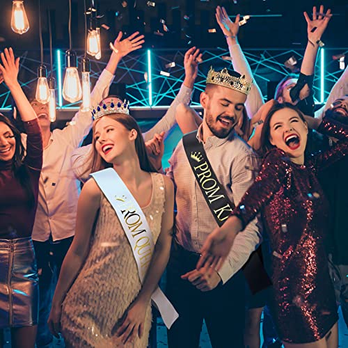 4 Pcs Prom King Queen Crowns Gold, M, Royalblue and White Diamond | Gold Tiaras with AB Diamond Stones, Sashes Included, Royalty Crowns for Homecoming Birthday Halloween Wedding Party Costume - color: Royalblue and White Diamond