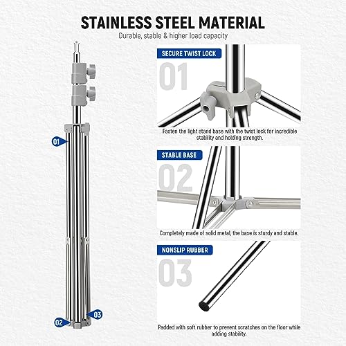 NEEWER Upgraded 75"/190cm Light Stand Stainless Steel Spring Loaded, Foldable Photography Tripod Stand with Stronger Tube Joints for Strobe Softbox LED Ring Light, Max Load 13.5lb/6.5kg, ST-190SS | Foldable, Photography Tripod Stand, Stronger Tube Joints,