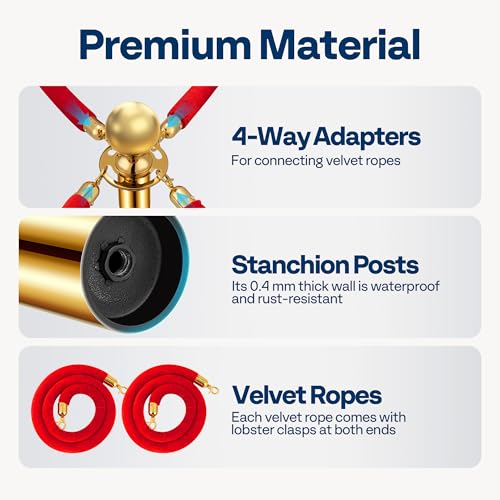 VIVOHOME Gold Stanchions and Velvet Ropes, 5 Feet Ropes and 39 Inch Posts | 6PCS Stainless Steel Post with Water-Fillable Leakproof Base, Red Carpet Poles for Wedding, Prom & VIP Events - color: Golden