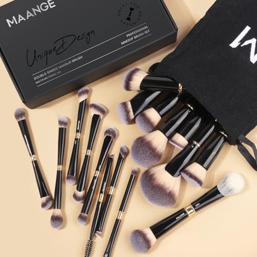 MAANGE Makeup Brushes 16Pcs Professional Foundation Powder Blush Contour Eyeshadows Double-End Makeup Brushes Set with Bag and Gift Box-Black - color: Black