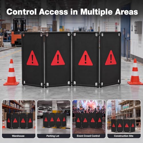 Sintuff 4 Panels 7.8ft Safety Barricade, Foldable Portable Privacy Screen, 39 x 92" Heavy-Duty PVC Frame with Black Oxford, Warning Sign Barrier for Crowd Control and Restricted Areas Traffic Fence