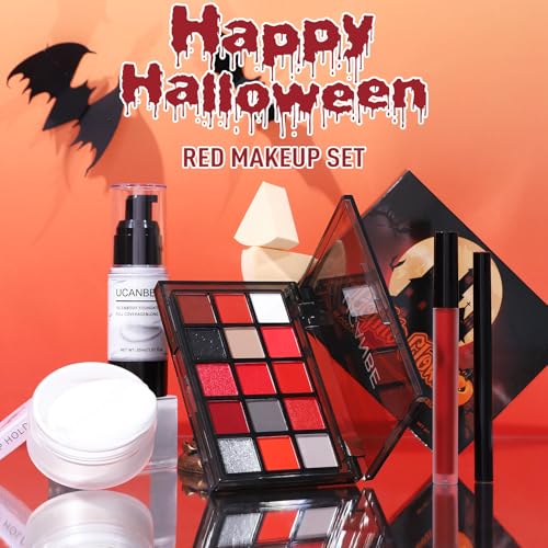 UCANBE Halloween Makeup Kit – 15-Color Red Eyeshadow Palette, White Liquid Foundation, Red Liquid Lipstick, Black Eyeliner, Setting Powder & Sponges Makeup Set for SFX Cosplay Costume Clown Vampire - color: Red Makeup Kit