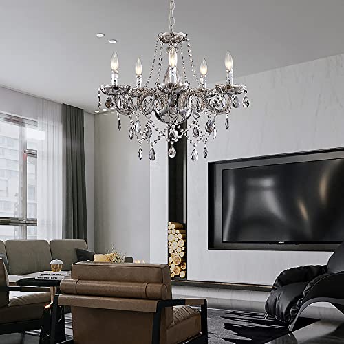 Saint Mossi Smoky Gray Crystal Chandelier with 5 Lights for Dining Room | Contemporary Pendant Light for Dining Room ,Bedroom, Living Room, Adjustable Chain, Candle Chandelier, W28xH28 - color: Smoky Gray