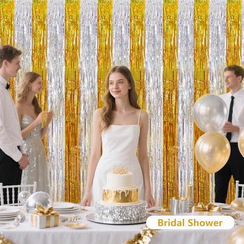 BEISHIDA Gold Silver Door Streamers Backdrop Foil Fringe Tinsel Party Streamers Curtains Photo Backdrop - 2Pcs for Birthday Graduation Bachelorette Party Decoations - color: 05-gold silver