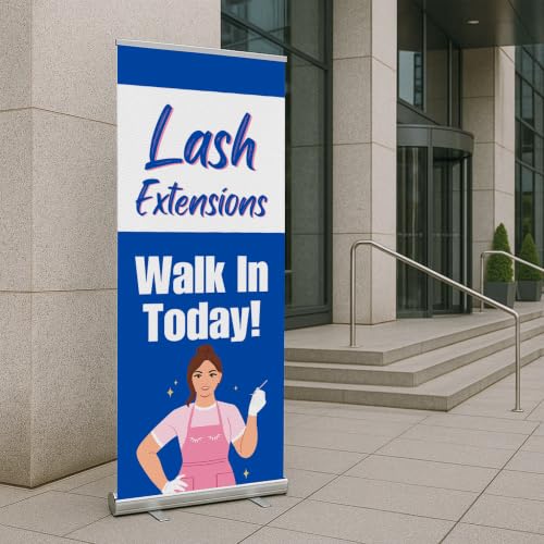 Lashes & Brows Retractable Stand Banner by DC | 33"x81" Roll-Up Display | Lash Extensions Walk In Todaay Vertical Pull-Up Banner for Trade Shows & Events | Made in USA | (Stand Not Included) - color: Lash Extensions Walk In Todaay, size: Retractable Banne
